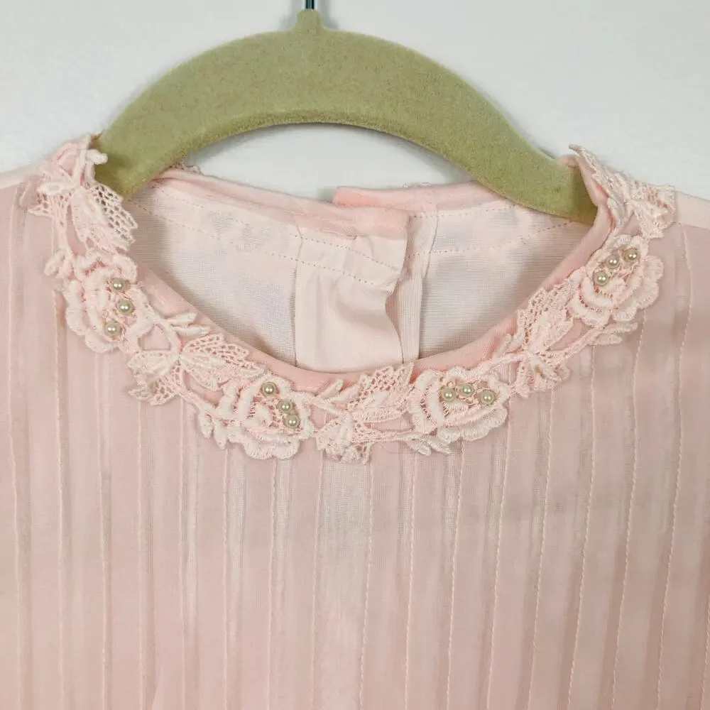 VTG Pink Pleated Sheer Button Back Blouse Size M Rosette Beaded Collar Victorian